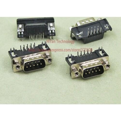 10pcs/lot) DR9 DB9 Male Serial Port Adapter Connector RS232 9 Pins 90 Degree Curved Needle Welded type