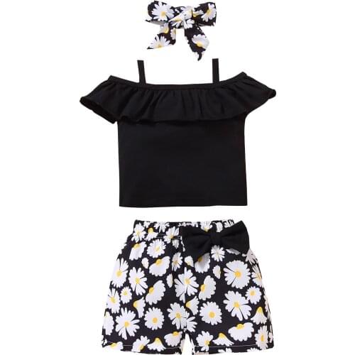 2021-03-09 lioraitiin 1-5Years 3 Pcs Toddler Summer Outfits Baby Girl Off-the-shoulder Ruffle Tank Top Daisy Print Shorts