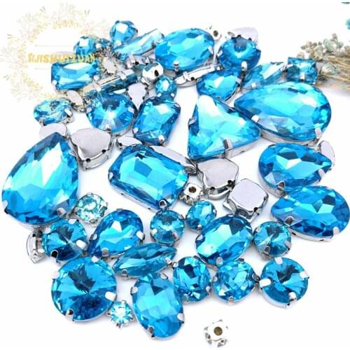 58pcs 10shapes 25sizes Mix Turquoise blue shape and sizes Glass Crystal rhinestones silvery bottom DIY Clothing accessories