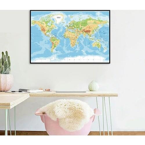 80*60cm The World Terrain Map Spray Canvas Painting Modern Wall Art Poster School Supplies Living Room Home Decoration