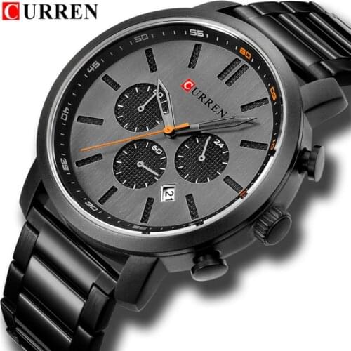 Curren Fashion Casual Man Quartz Watches Sport Branded Wristwatches Chronograph Stainless Steel Band Black Male Clock