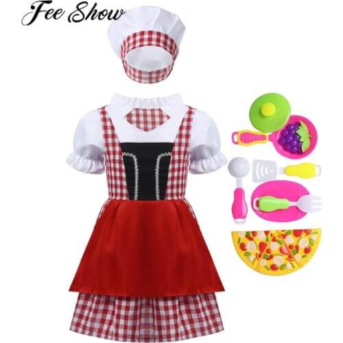 Kids Dresses for Girls Baker Chef Uniform Outfit Sleeve Cosplay Roleplay Dress+Baker Hat+Cook Tool Toy+Fruit Toy+Pizza Model Set