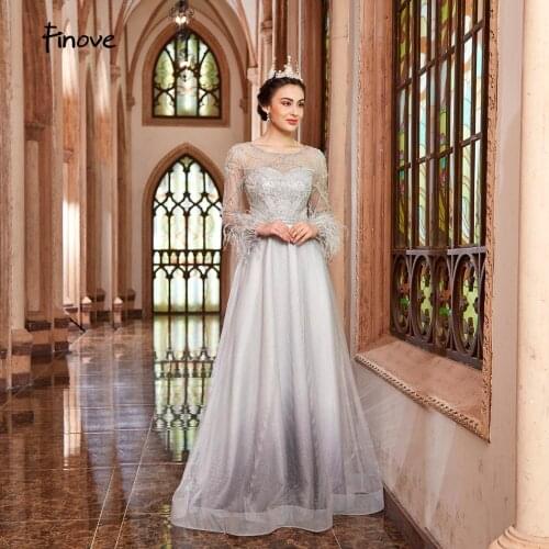 Finove 2020 Prom Dresses New Elegant O-Neck With Beading Full Sleeves A-Line Party Gowns Floor-Length In Women' Dress Long Dress