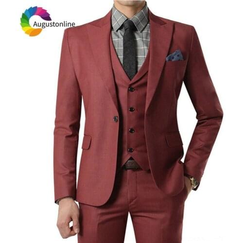 2019 Burgundy Men Suit (Blazer+Pants+Vest) 3 Pieces Slim Fit Wedding Business Wear Formal Men Suit Elegant Costume Mariage Homme