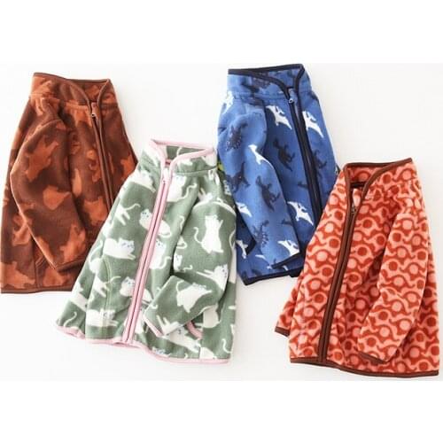 2021 Spring Autumn Jackets For Girls Boy New Childrens Cartoon Printed Fleece Girl Jacket Dinosaur Peach Heart Children Clothes