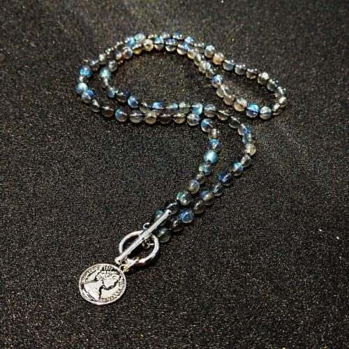 Lily Jewelry Natural Stone Necklace Labradorite 925 Sterling Silver Coin Pendant Choker Necklace Women Jewelry Dropshipping 43cm