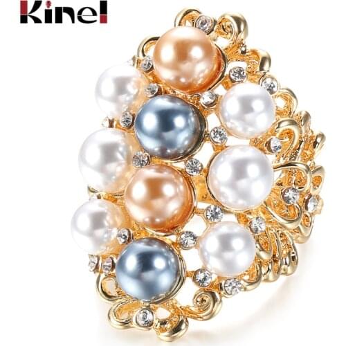 Kinel Fashion Pearl Big Ring Gold Color Hollow Crystal Flower Bridal Wedding Rings Luxury Vintage Jewelry Party Gift