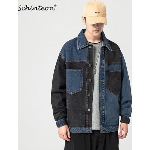 Schinteon Men Denim Patckwork Jacket Cowboy Casual Top Turn-down Collar Autumn Outwear High Quality Big Size M-5XL Clothing