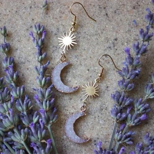 Charming Gemstone Crescent Moon Sun Earrings Phase Boho Witchy Brass Hippie Delicacy Novelty Jewelry Women Gift Metal Statement