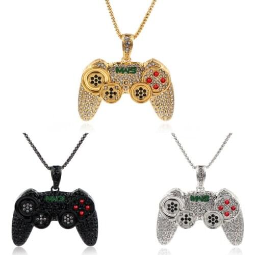 Hip Hop Game Machine Handle Necklace Pendant Men Full Crystal Long Chain Necklace Fashion Game Controller Necklace Party Jewelry