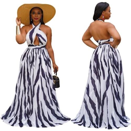 Zoctuo Pleated Striped Party Dresses For Women Halter Backless Sexy Sexy Maxi Dress High Waist Casual Fashion Summer Dresses