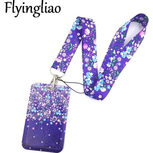 Purple Flowers Neck Keychain Necklace Webbings Ribbons Anime Cartoon Neck Strap Lanyard ID badge Holder Keychain Lanyards Gifts