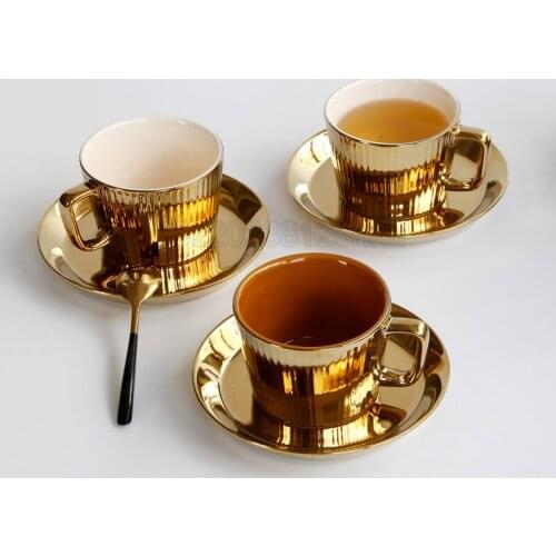 Luxurious European Electroplate Golden Ceramic Coffee Cup Saucers Hotel Club Restaurant Cappuccino Latte Coffee Milk Cups Copos