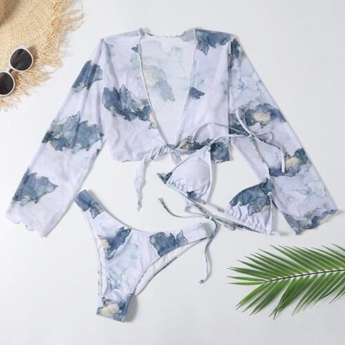 Sexy Ink Painting Bikini 2021 Women Long Sleeve Cover Up 3 Piece Swimsuit Female Bandage Bathing Suit Thong Swimwear Biquini