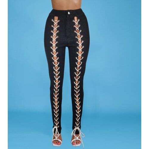 Sexy Summer Women Denim Trousers 2021 New Black High Waist Ripped Pants Jeans Tassel Lace Up Bandage Hot Pants Womens Jeans