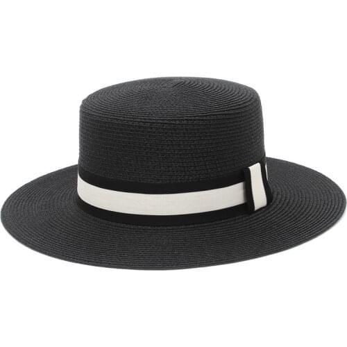 New Summer Womens Boater Beach Hat Paper Female Casual Panama Hat Belt Flat Straw Sun Hat Dropshipping