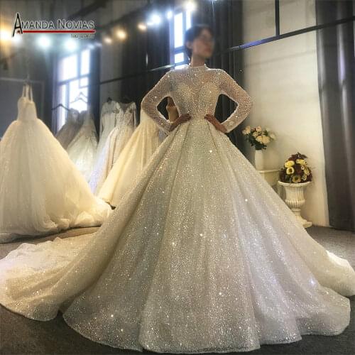 High neckline full beading wedding dress dubai luxury bridal dresses 2021