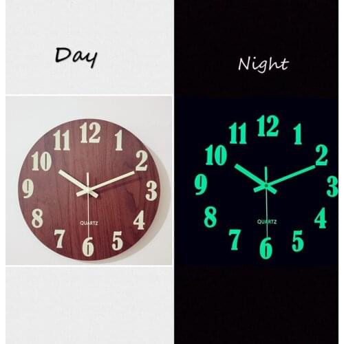 Luminous Wall Clock,12 Inch Wooden Silent Non-Ticking Kitchen WallClocks With Night Lights For Indoor/Outdoor Living Room