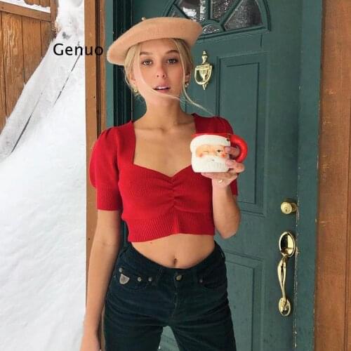 Slim Women Tees Bubble Short-Sleeved Polos Square Neck Folds T-Shirt Tee Shirt Femme British Style Tops Friends Party