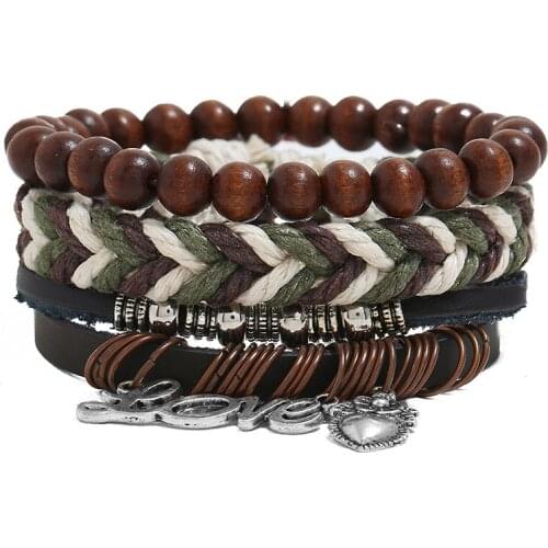 Vintage Retro Women Leather Bracelet Set Alloy Love Heart Charm Beads Wristbands Multi-layer Braided Bangle Wrap Fashion Jewelry