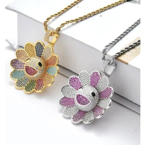 Rotating Hip-Hop Iced Out Copper Pendant Sunflower Colorful flower micro-set AAA zircon necklace hot sale