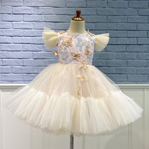 High Quality Summer Girl Wears Flower Girl Dress Tulle Butterfly Pink Wedding Princess Party Dress