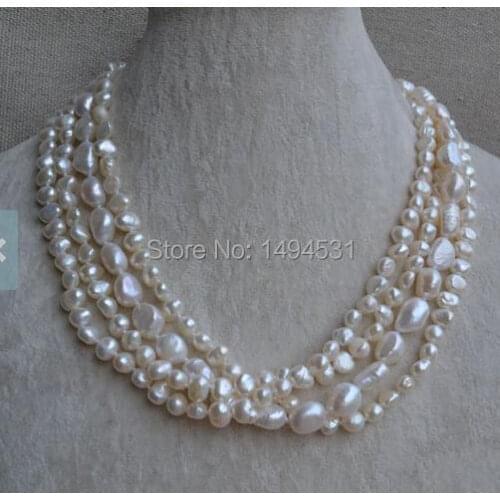 Wholesale Pearl Necklace, 18 Inches 4 Rows White Color Baroque Shape Genuine Freshwater Pearl Necklace - Wedding Gift Jewelry