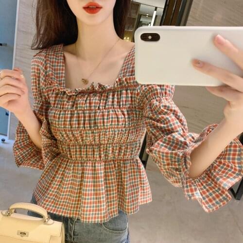 Women Blouse Bell Sleeve Plaid Women Spring Autumn Loose Top Blusas Mujer De Moda