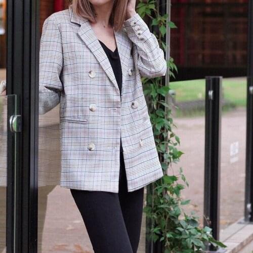 2019 Fashion Outerwear Blaser Femme Jacket Casual Plaid Women Blazer Jacket Notched Collar Double Breasted Female Suit Coat
