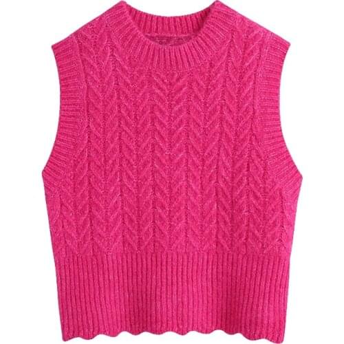 2021 New Women Fashion Cropped Cable-knit Vest Sweater Vintage O Neck Sleeveless Female Waistcoat Chic Tops