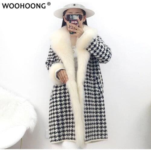Winter Real Fur Coat Luxury Women Long Fox Placket Natural Fur Fox Fur Jacket Warm Mink Knitted Coat Windbreaker Houndstooth