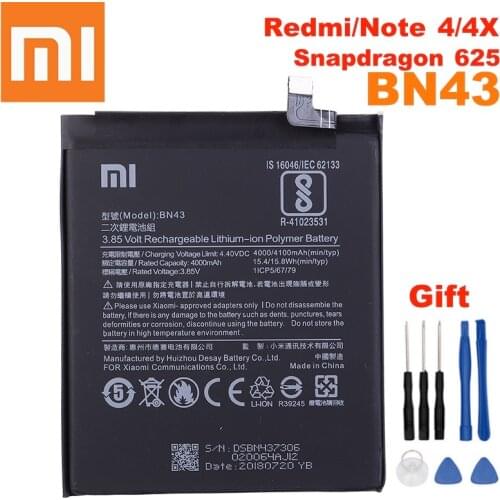 100% Orginal BN43 battery 4000mAh For Xiaomi Redmi Note 4X / Note 4 global Snapdragon 625 High Quality BN43 Battery + Free Tools