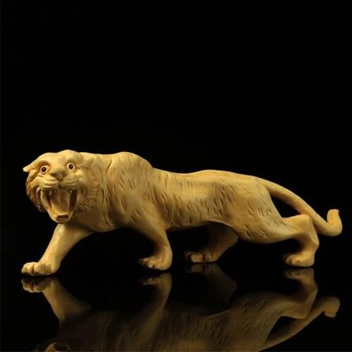 13/17.5CM Tiger Figurines Animal Boxwood Solid Wood Carving Animal Crafts Wood Carving Tiger Feng Shui Decoration Creative Gifts