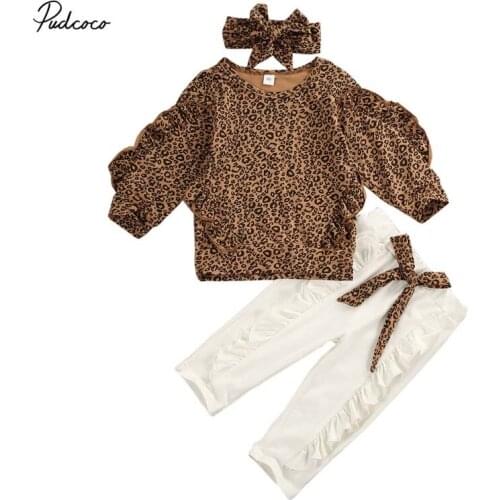 2019 Brand 0-5Y Infant Baby Girl Clothes Kids Autumn New Fashion Ruffle Leopard Tops Blouse Leggings Pants Headband Outfits 3Pcs