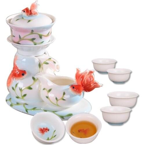 9 Pcs Automatic Color Enamel Tea Set Gaiwan Pot Cup Chinese Kung Fu Drinkware Creative 3D Monkey Goldfish Dolphin Free Shipping