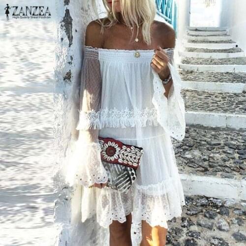 Bohemian Lace Dress Womens Summer Sundress ZANZEA 2021 Casual Off Shoulder Knee Length Vestidos Female Flare Sleeve Ruffle Robe