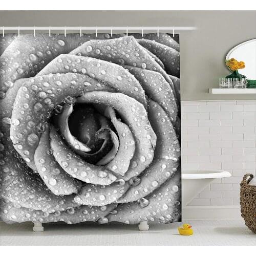 Flower Shower Curtain Retro Romantic Rose Petal Figure with Rain Water Drops Valentines Love Picture Fabric Bathroom Decor