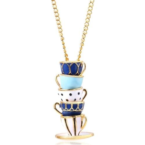 European and American Fashion brand enamel glaze teacup coffee cup necklace metal pendant sweater chain jewelry for Girls