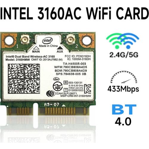 Intel 3160.HMWG.R Dual Band Wireless AC + Bluetooth Mini PCIe card Supports 2.4 and 5.8Ghz B/G/N/AC Bands with Mounting Screws
