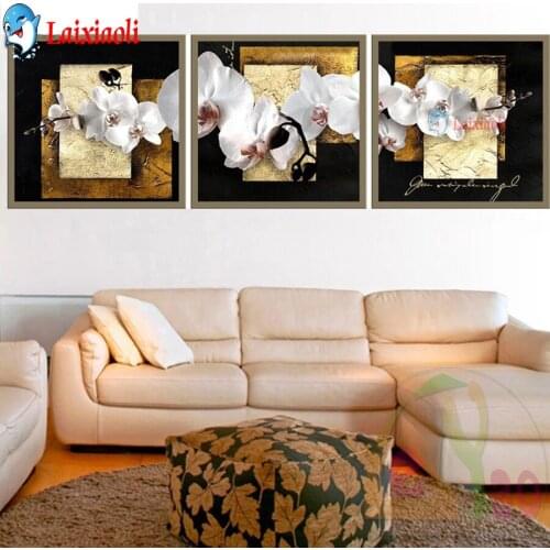 Triptych 5D Diy Full Square Round Diamond Painting white Orchid Diamond Embroidery Abstract Modern Flower Mosaic new Home Decor