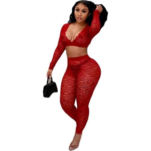 Lace 2 Piece Set Women Sexy See Through V Neck Long Sleeve Crop Top + Pencil Pants Bodycon Night Club Party Two Piece Set Outfit