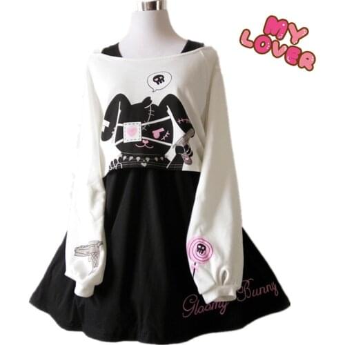 Fashion New Japanese Lolita Spring Summer Cartoon Rabbit Print 2 Pcs Suit girls Top+Dress Sweet Cute Black Rabbit girls dress