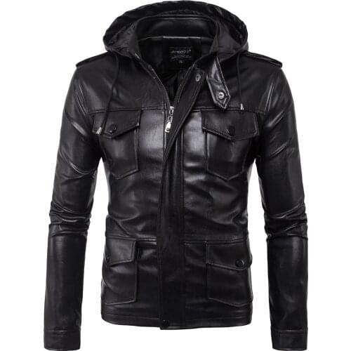 Men Leather Jacket Mens Motorcycle Hooded Multi-pocket Leather Jacket European or American