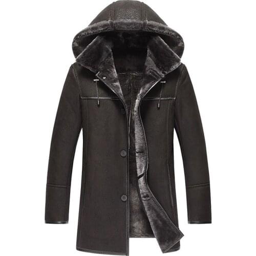 Leather Jacket Men Sheep Shearing Real Fur Coat Warm Winter Coat Hooded Mens Leather Jacket Chaqueta Cuero Hombre 67303 YY687