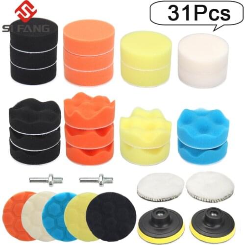 31pcs Buffing Sponge Pad Set 3 Inch Car Polishing Pad Kit Auto Buffing Waxing with M10 Drill Adaptor For Car Cleaning Tools