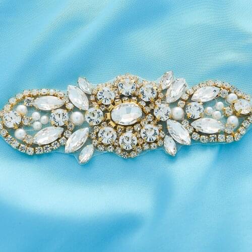 Wholesale Wedding Dresses Silver Handmade Bridal Wide Garment Accessories DIY Applique Crystal Beaded Rhinestone Pearl Gold S172