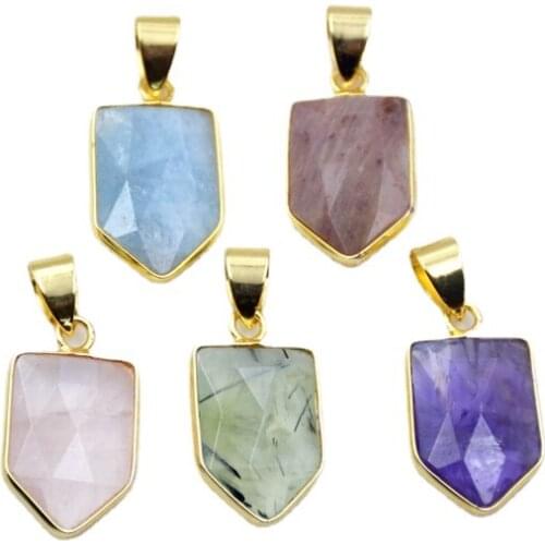 Natural gems stone arrowhead pendant Gold-plated Small Shield pendant faceted rose quartzs amethysts crystal charms for necklace