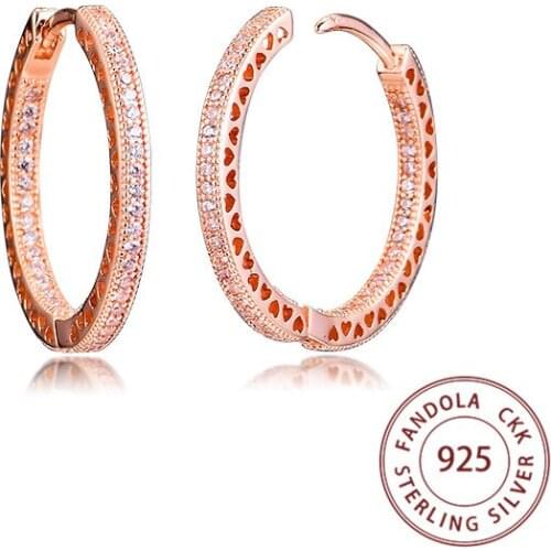 Trendy 925 Sterling Silver Rose Sparkling & Hearts Hoop Earrings For Women Ear Silver Statement Jewelry Brincos