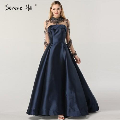 Dubai Design Diamond Beading Evening Dresses 2020 High Neck See Through Long Sleeves Satin Evening Gowns Serene Hill BLA60768