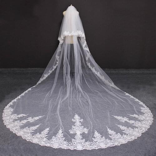 High Quality Long Wedding Veil with Comb 2 Layers 4 Meters Lace White Ivory Bridal Veil with Blusher Luxury Cover Face Veil